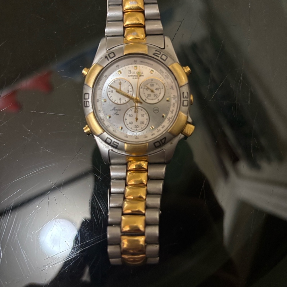 Bulova Marine Star Chronograph Watch Alarm 100 metres Diver gold silver mens T3